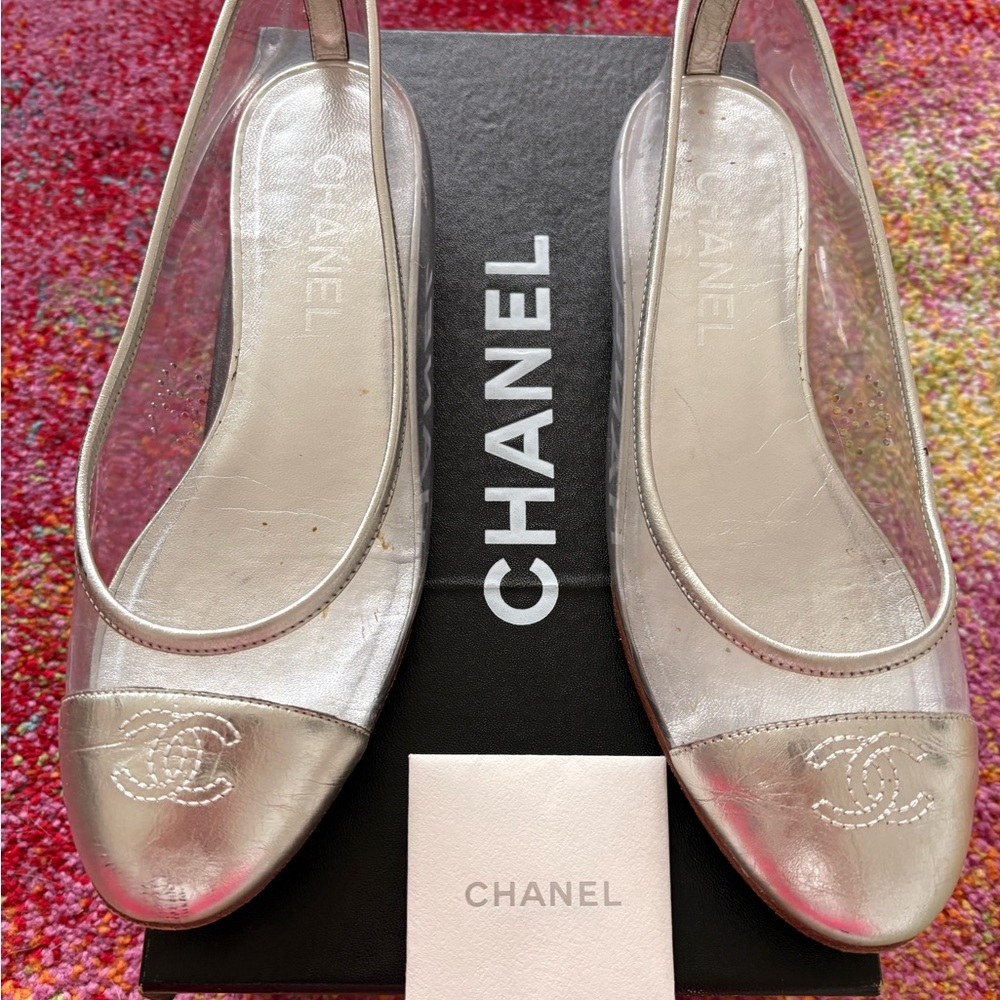 CHANEL Silver Flats with Logo Detail